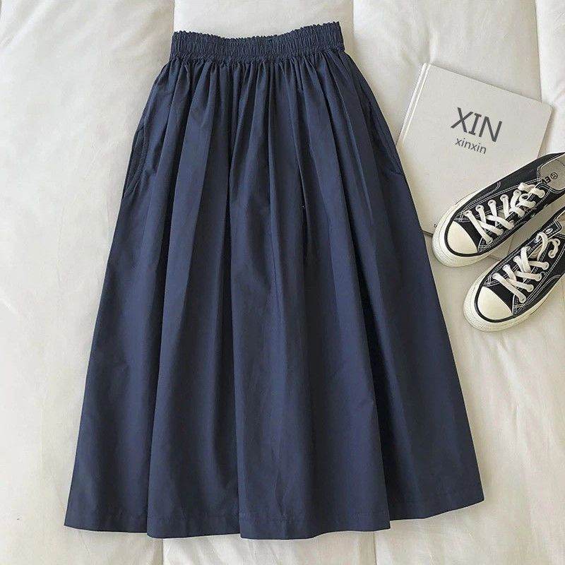 Solid Color Women Workwear Pleated Midi Skirt