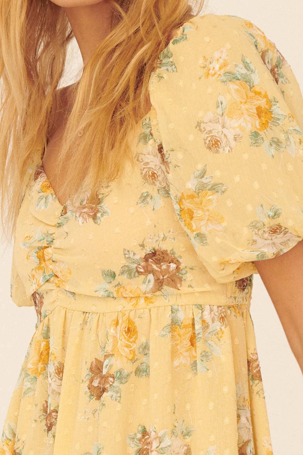 Floral Swiss Dot Sweetheart Smock Back Mini Dress
