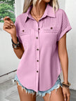 Lapel Shoulder Pleated Pocket Short Sleeve Top Shirt T-shirt Women
