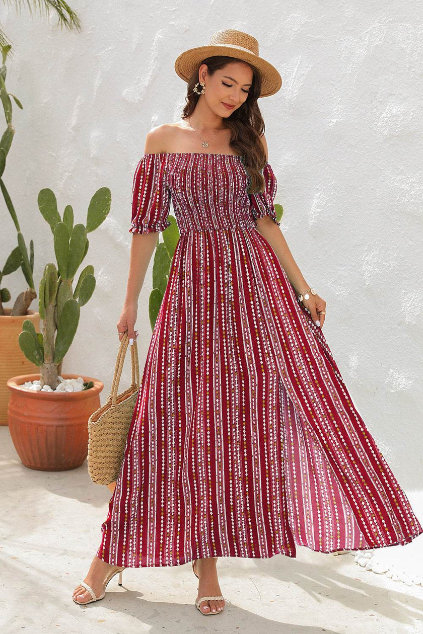 Elegant Off shoulder Spring Summer Maxi dress Slit Chiffon maxi dress for Beach vacation resort travel