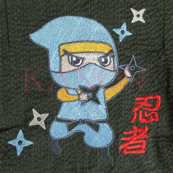 [Pre-Order] Kids' Jinbei Set: Ninja Embroidery - Gray 2-Piece Set (Shijira Weave) (Save 50% in January)