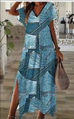 Elegant Women's Short Sleeve V-Neck Denim-Inspired Dress With Geometric Print And Side Slit -  Machine Washable - Chic Summer Fashion