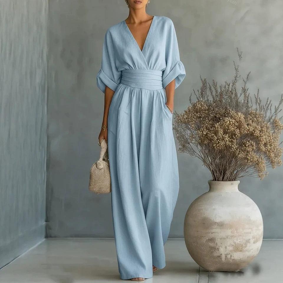 Women's Wide-Leg Jumpsuit High Waist Pleated Three-Quarter Sleeve Elegant Workwear