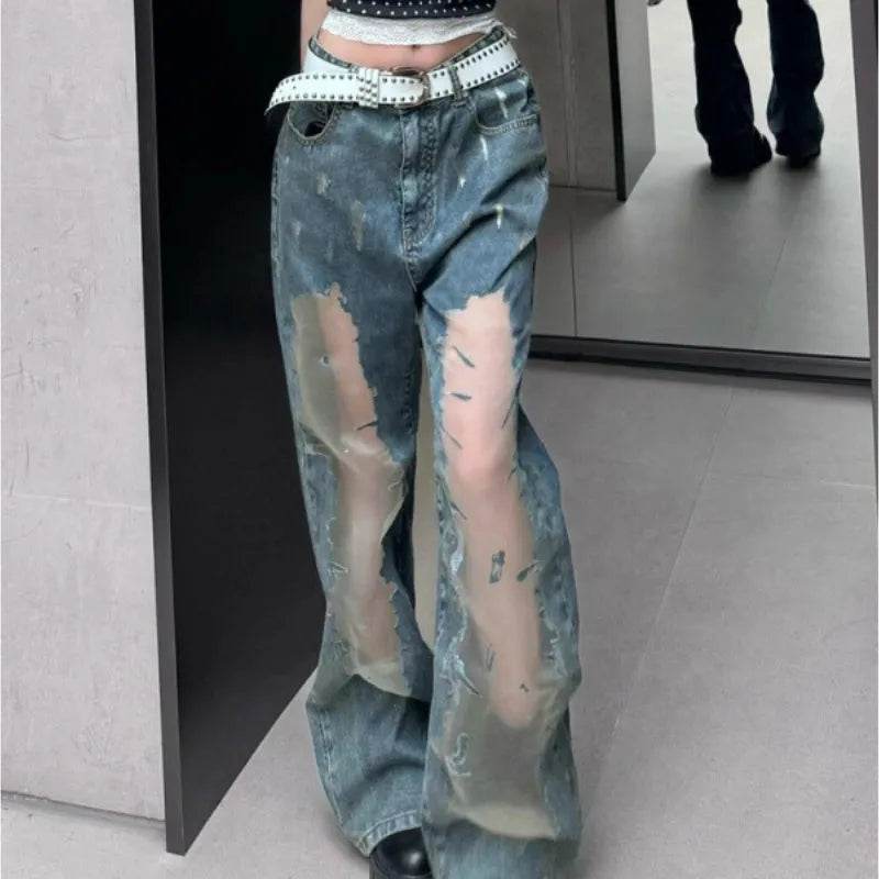 Retro Washed Ripped Baggy Jeans Pant For Women Summer Hollow Out