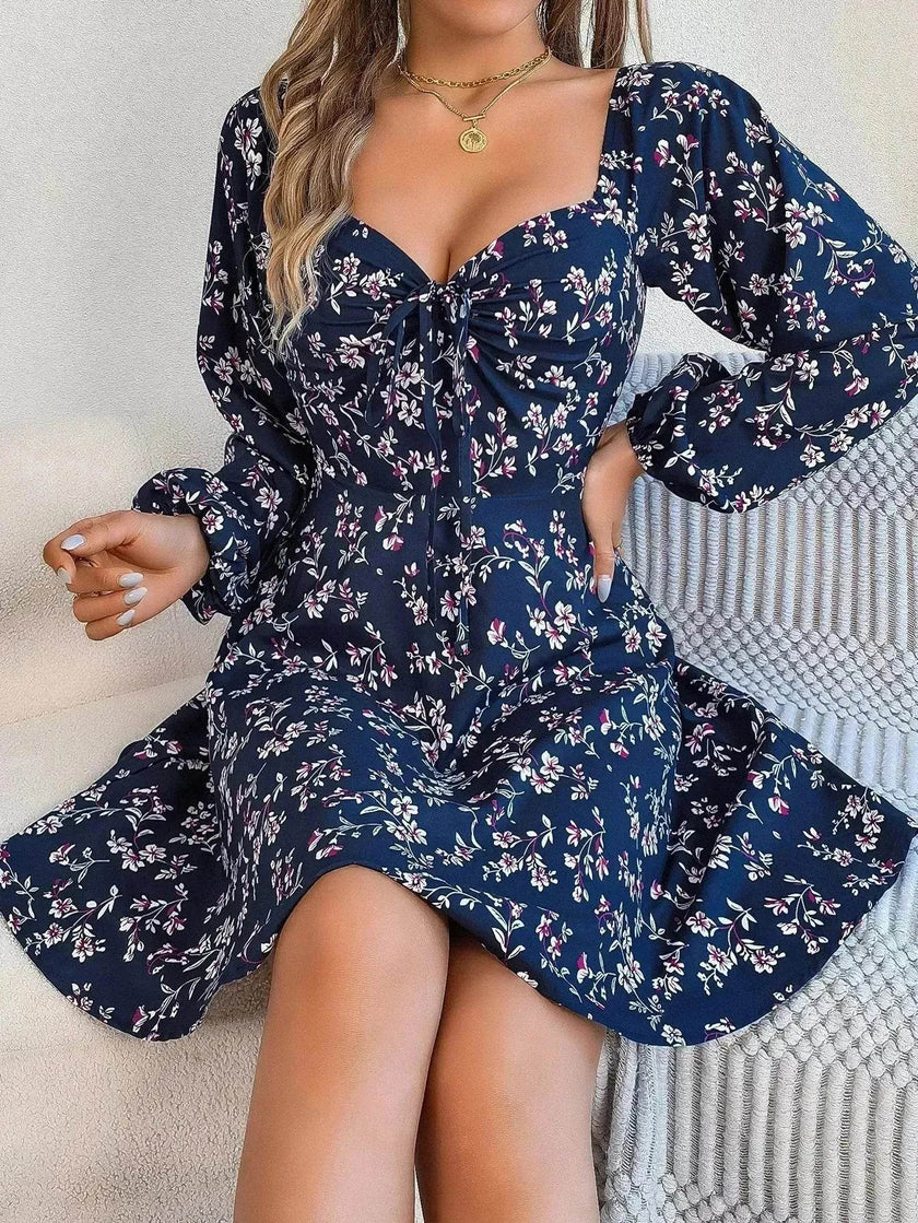 Casual Summer Floral Mini Dress Lantern Sleeve  Skater Dress
