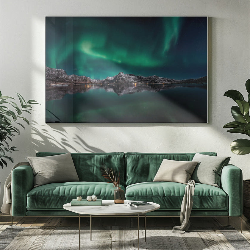 Réflexion de l'aurore boréale des Lofoten
