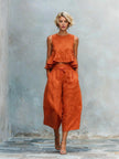 Women's 2 Piece Casual Linen Outfit Ruffle Top & Wide-Leg Pants