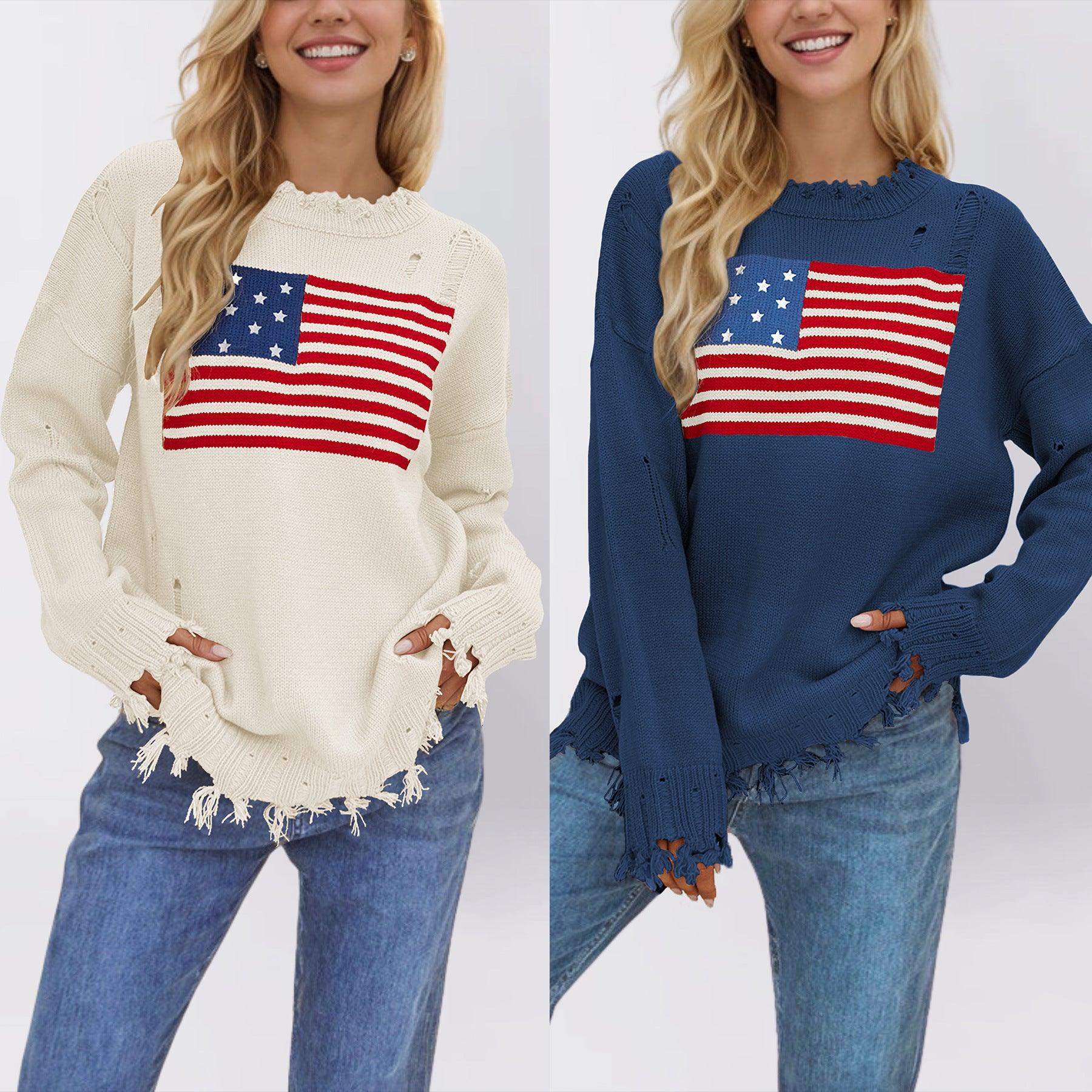 Women's Loose Round Neck Fashion Sweater | National Flag Print Knit Top