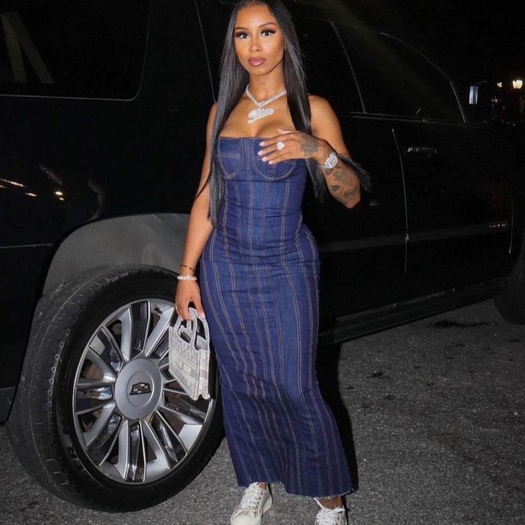 Fashion Strapless Tube Top Denim Long Fitted Jeans Dress