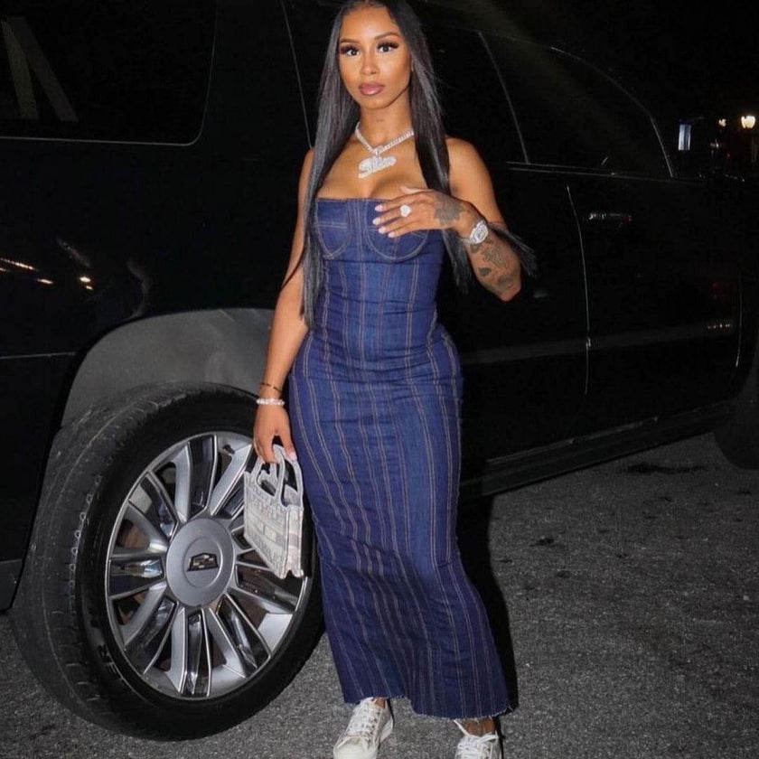 Fashion Strapless Tube Top Denim Long Fitted Jeans Dress