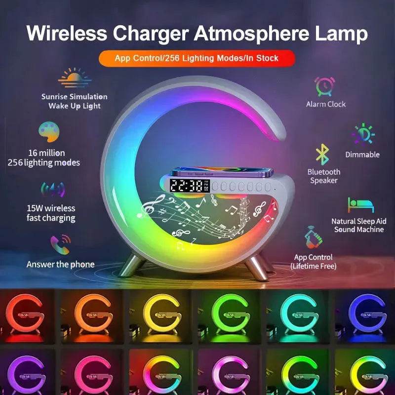 G shaped Wireless Phone Charging Night LED Lamp Bluetooth Speaker