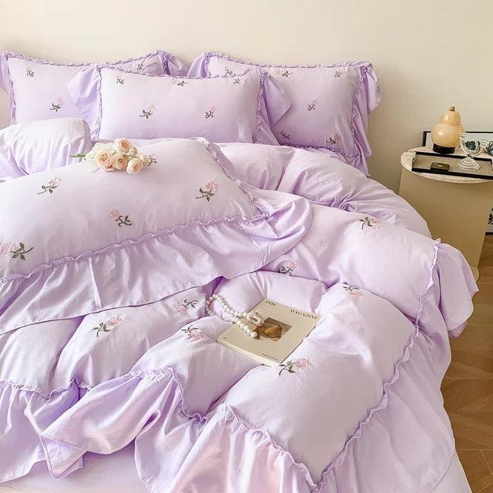 Embroidered Wide Edge Floral Washed Cotton Four-piece Duvet Cover Bedding Set