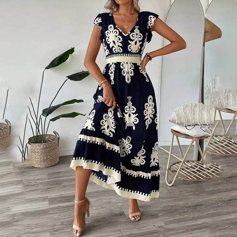 Women's Summer Flowy Maxi Dress Casual Cap Sleeve V Neck Smocked Waist Beach Sundress