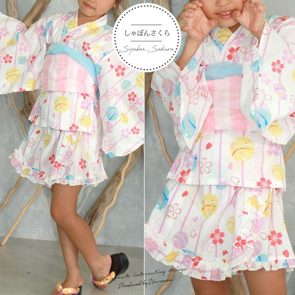 [Pre-Order] Dress Yukata & Obi Set: Cherry Blossoms - Pink/White (Obi Color Varies) (Save 50% in January)