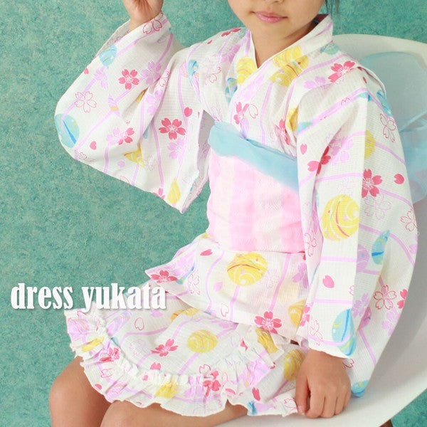 [Pre-Order] Dress Yukata & Obi Set: Cherry Blossoms - Pink/White (Obi Color Varies) (Save 50% in January)