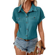 Lapel Shoulder Pleated Pocket Short Sleeve Top Shirt T-shirt Women