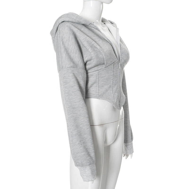 Y2K Slim-Fit Zip-Up Corset Hoodie – Long Sleeve Street Fashion Cardigan in Grey & White (S–L)