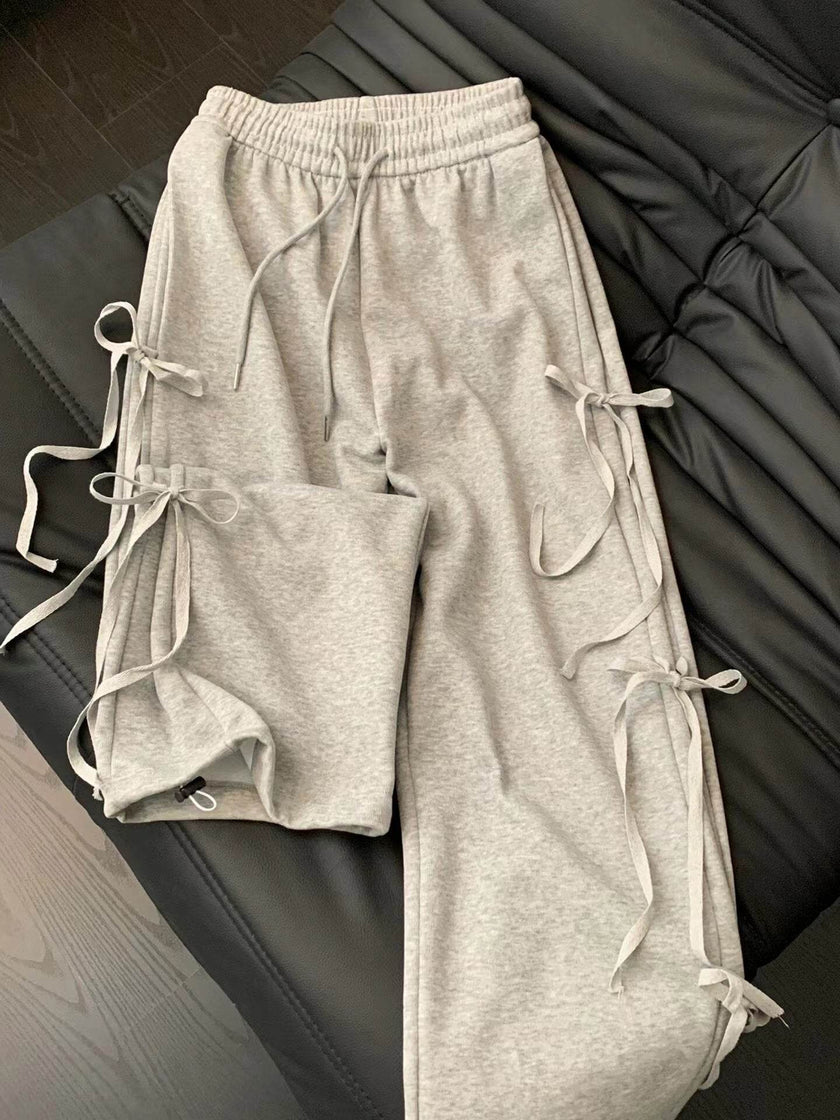 Fashion Vintage Bow lace up Drawstring Wide leg sweat pant for women