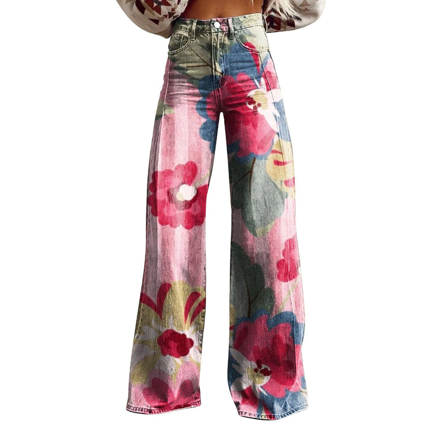 Women's 3D Printed Flared Denim Jeans – Graphic Print Wide Leg Jeans