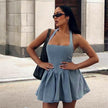 Women sleeveless Sling Waist jeans Denim Dress Backless halter neck flared mini dress