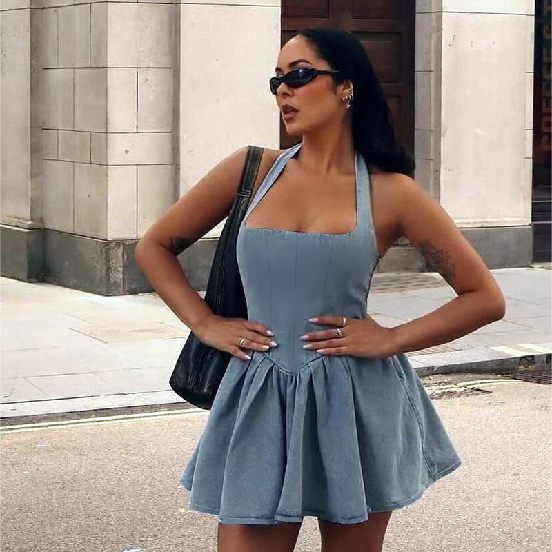 Women sleeveless Sling Waist jeans Denim Dress Backless halter neck flared mini dress