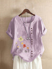 Women's Casual Printed Cotton Linen Short Sleeve Blouse Top