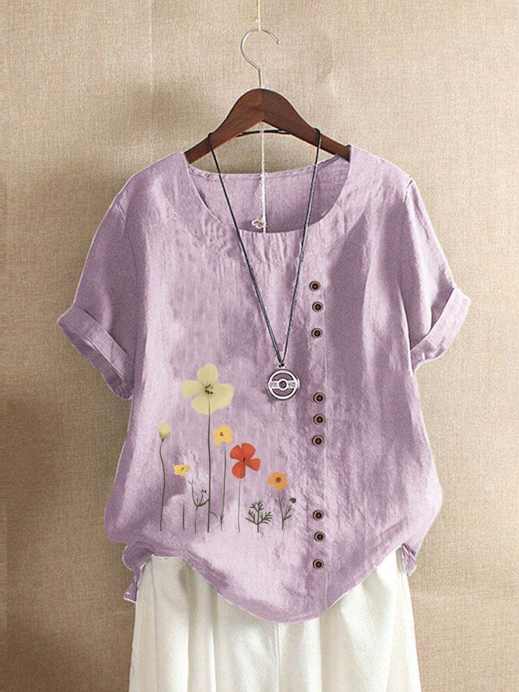 Women's Casual Printed Cotton Linen Short Sleeve Blouse Top