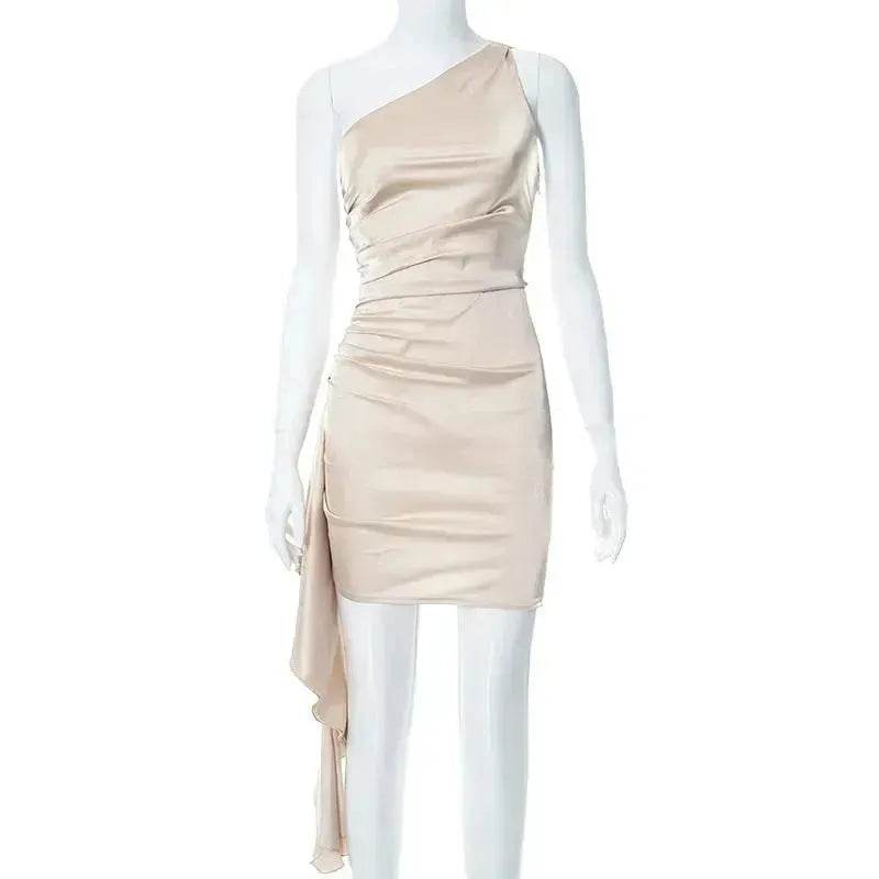 One-shoulder Sleeveless Mini Dress Charming Slim Backless Party Wedding Satin Dresses Womens Clothing