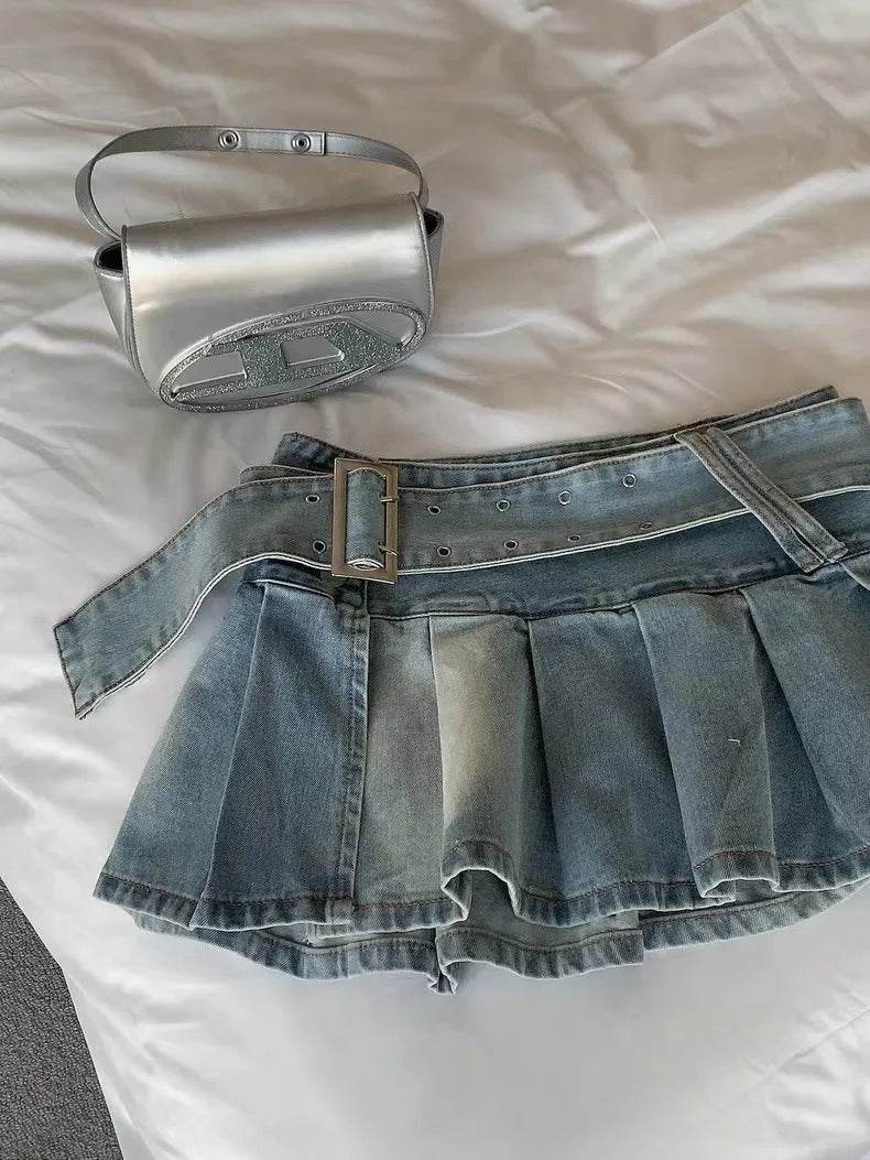 High Waist Slimming Denim Pleated Mini Skirt