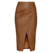 Women Formal Work Office Business High Waist Front Slit Midi Leather Skirt