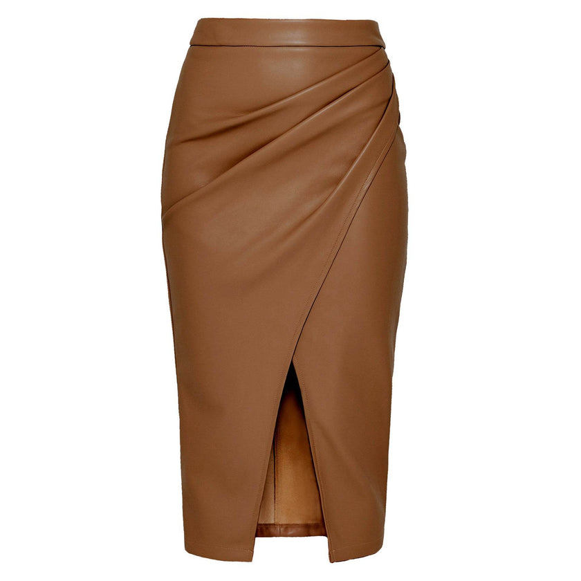 Women Formal Work Office Business High Waist Front Slit Midi Leather Skirt