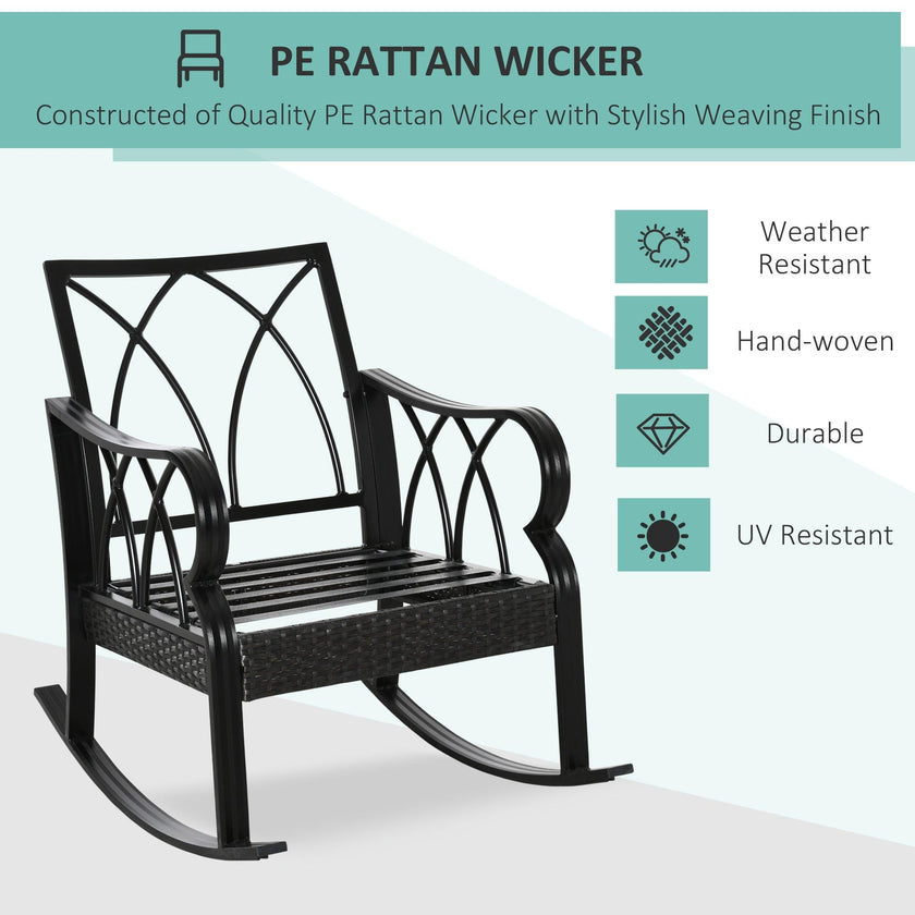 Outdoor Wicker Rocking Chair With Padded Cushions, Aluminum Furniture Rattan Porch Rocker Chair W/ Armrest For Garden, Patio, And Backyard, Khaki