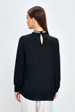 Keyhole Beaded Mock Neckline Longsleeve Blouse - Black