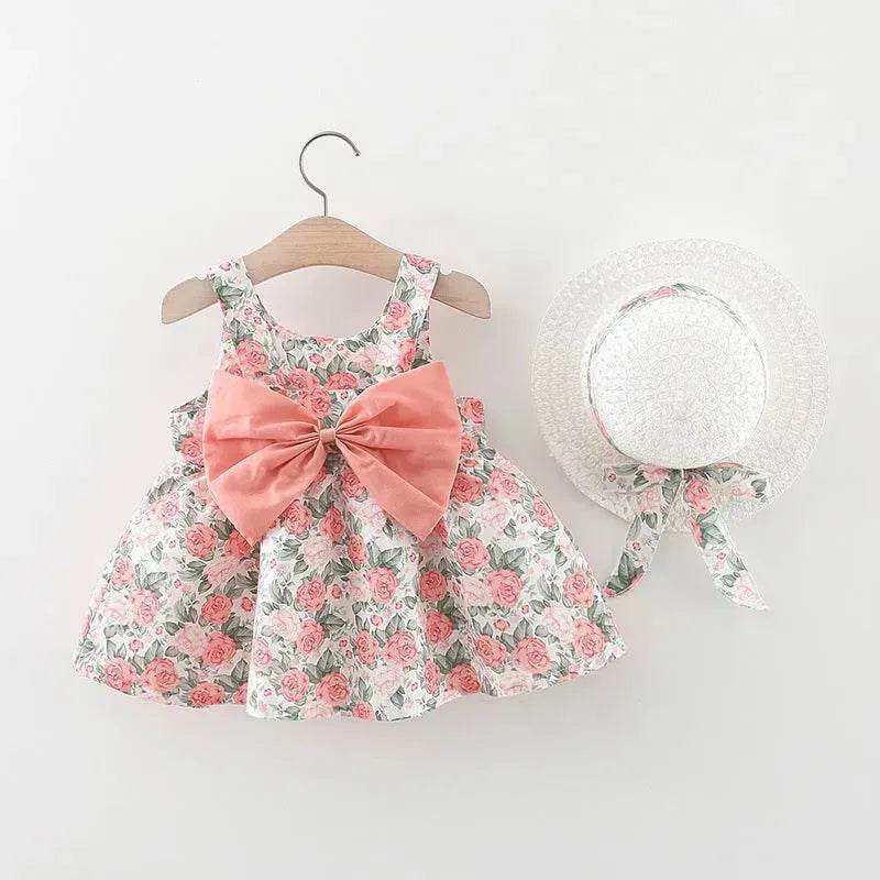 Baby Girl Floral Princess Dress with Matching Hat – Cotton Suspender Sundress for Toddlers