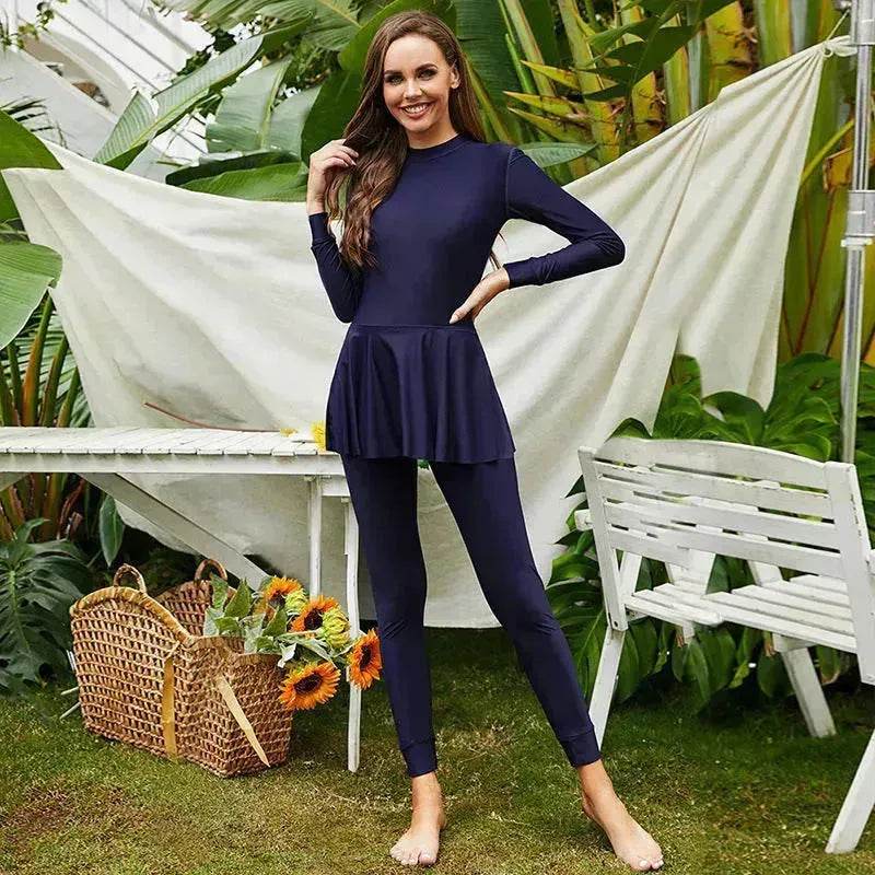Pure Color Long-sleeved Trousers Fully Surrounded By Conservative Beach Surfing Sunscreen ArabOne-piece Swimsuit