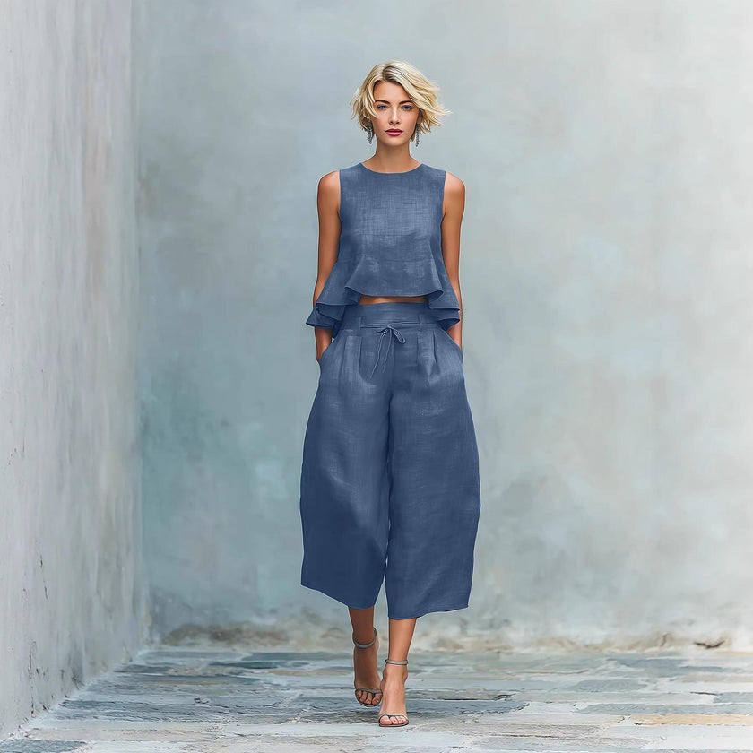 Women's 2 Piece Casual Linen Outfit Ruffle Top & Wide-Leg Pants