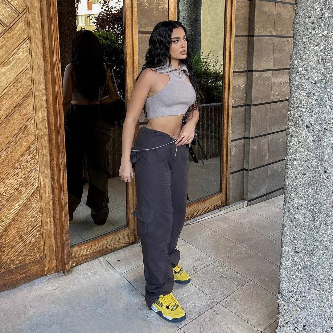 Solid Color High-waisted Zipper V Loose Straight Pocket Street fashion Cargo Pants Women