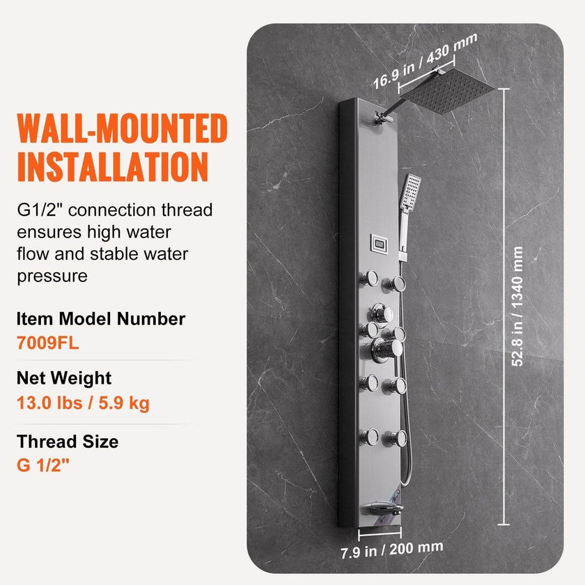 Shower Panel System, 5 Shower Modes, Digital Display Shower Panel Tower, Rainfall, 8 Massage Jets, Tub Spout, 3-Setting Handheld Shower Head 59 Hose, Stainless Steel Wall-Mounted Shower Set