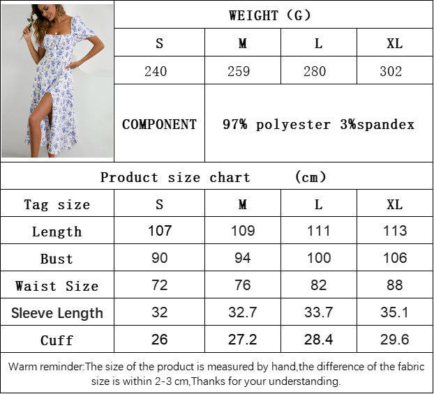 Women's Square-Neck Floral Puff Sleeve Dress – Drawstring Split Midi Dress