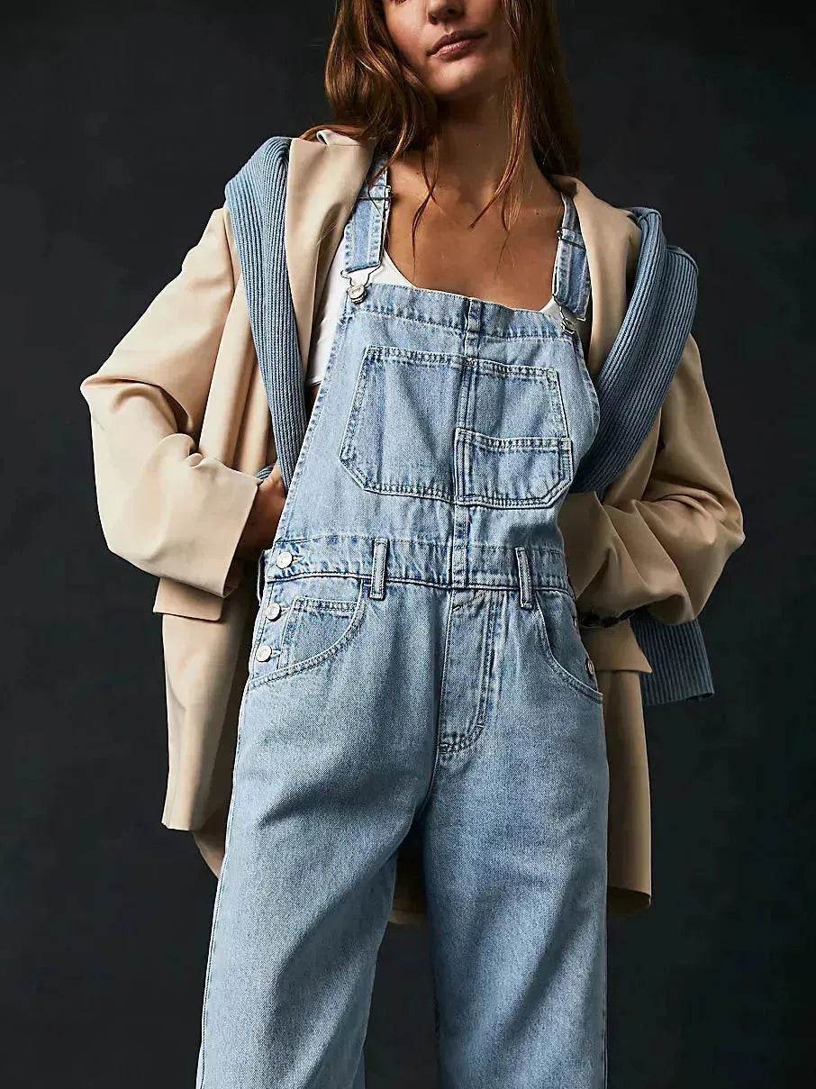 Women's Loose Denim Overalls Jumper – Casual Bib Suspender Jeans Jumpsuit with Pockets | Streetwear