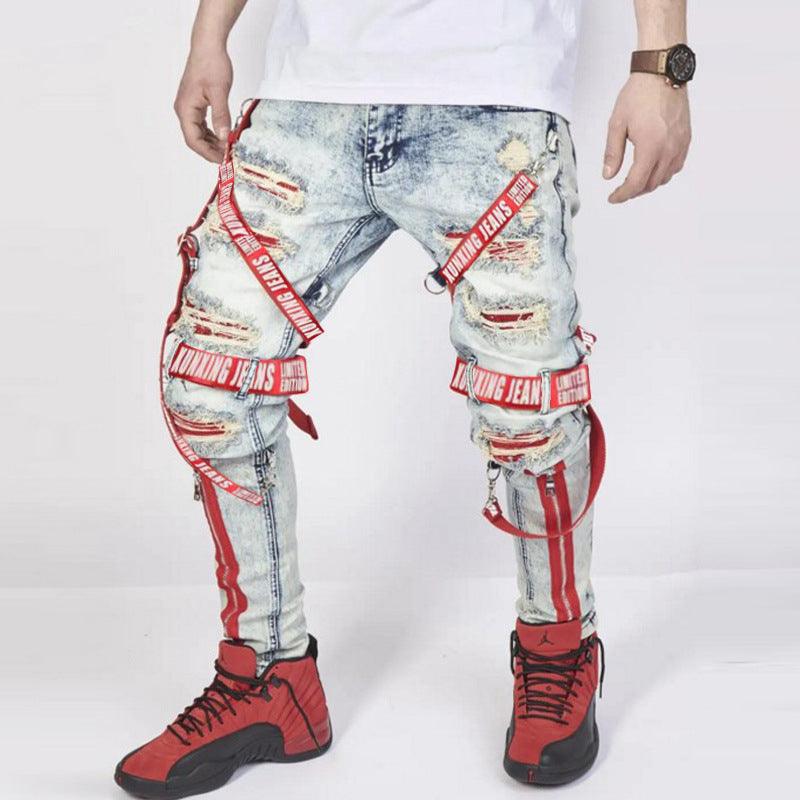 Men's Ripped Patchwork Biker Jeans – Slim Fit Distressed Denim Streetwear Pants