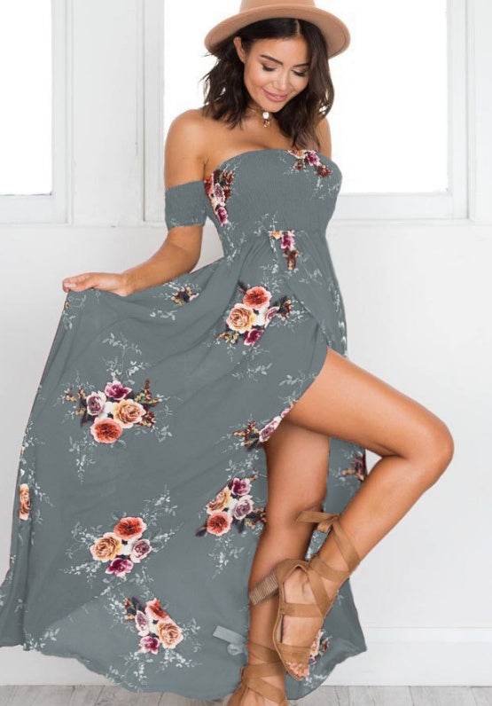 Elegant Ladies Summer Boho Vacation Resort Slit Maxi dress off shoulder Long floral Beach summer slit dress