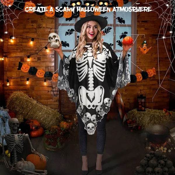 Halloween Skeleton Poncho Skull Bones Lace Skeleton Cape Shawl Halloween Costume Day Of The Dead Poncho For Halloween Horror Theme Trick Or Treat Birthday Party