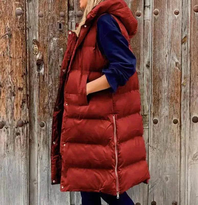Pure Color Hooded Long Cotton Quilted Puffer Vest Casual
