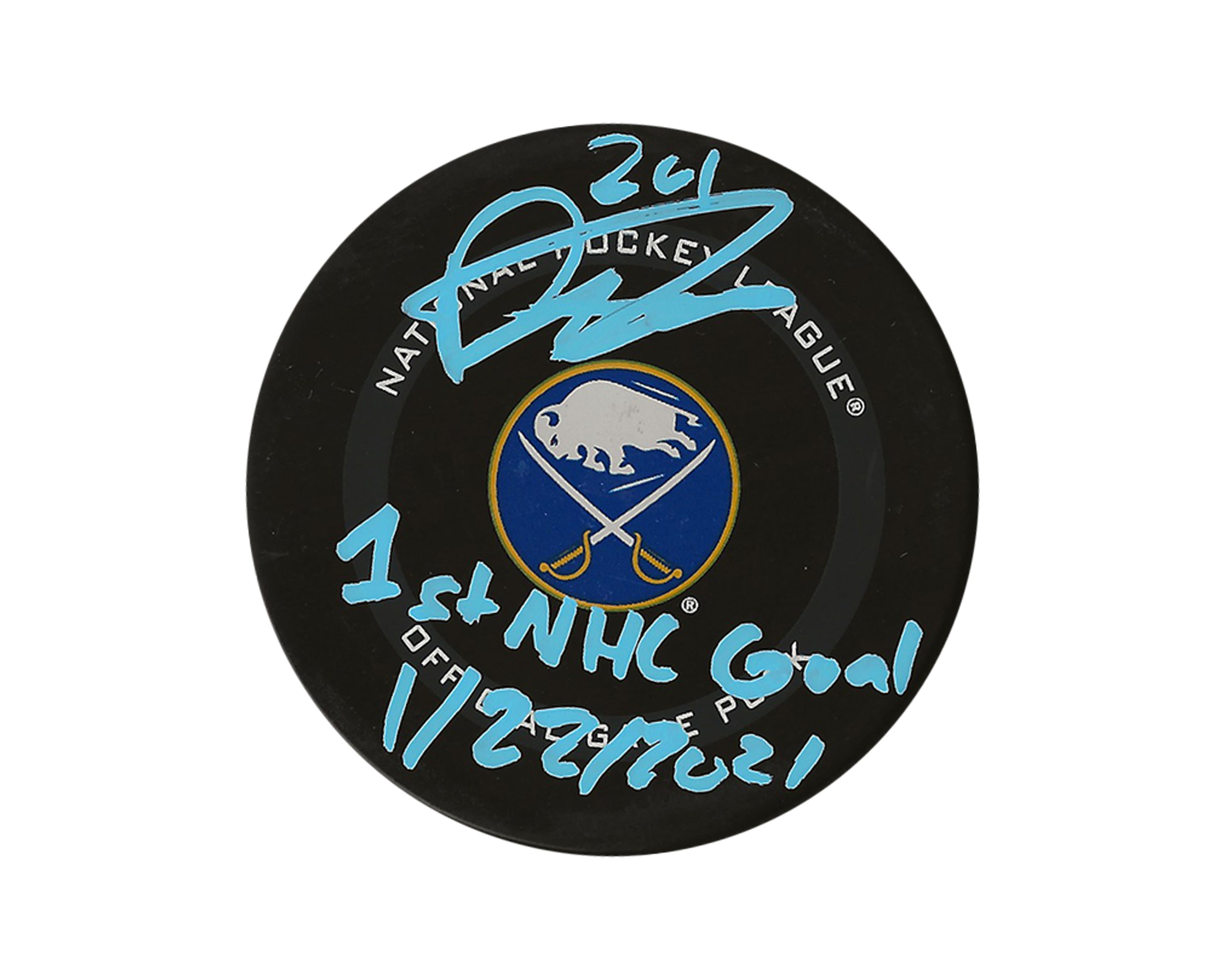 Dylan Cozens Autographed Buffalo Sabres Official Game Puck Inscribed 