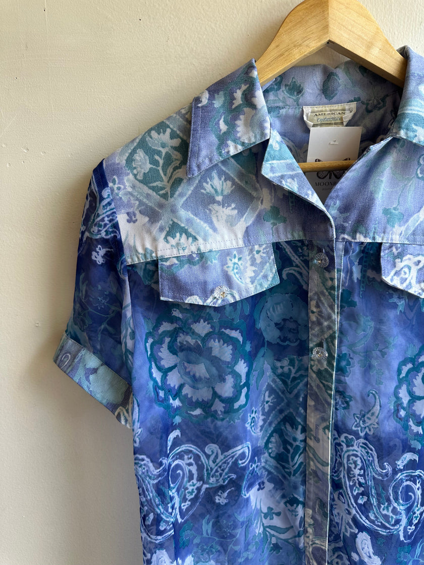 Vintage Sheet Western Shirt | Blue Paisley Bloom | Size Medium