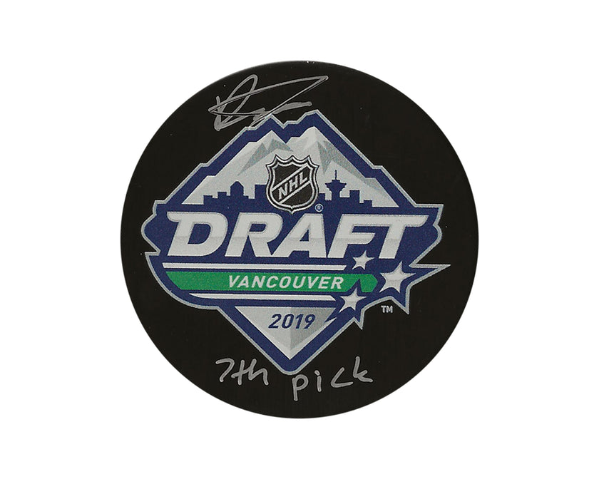 Dylan Cozens Autographed 2019 NHL Draft Puck Inscribed 