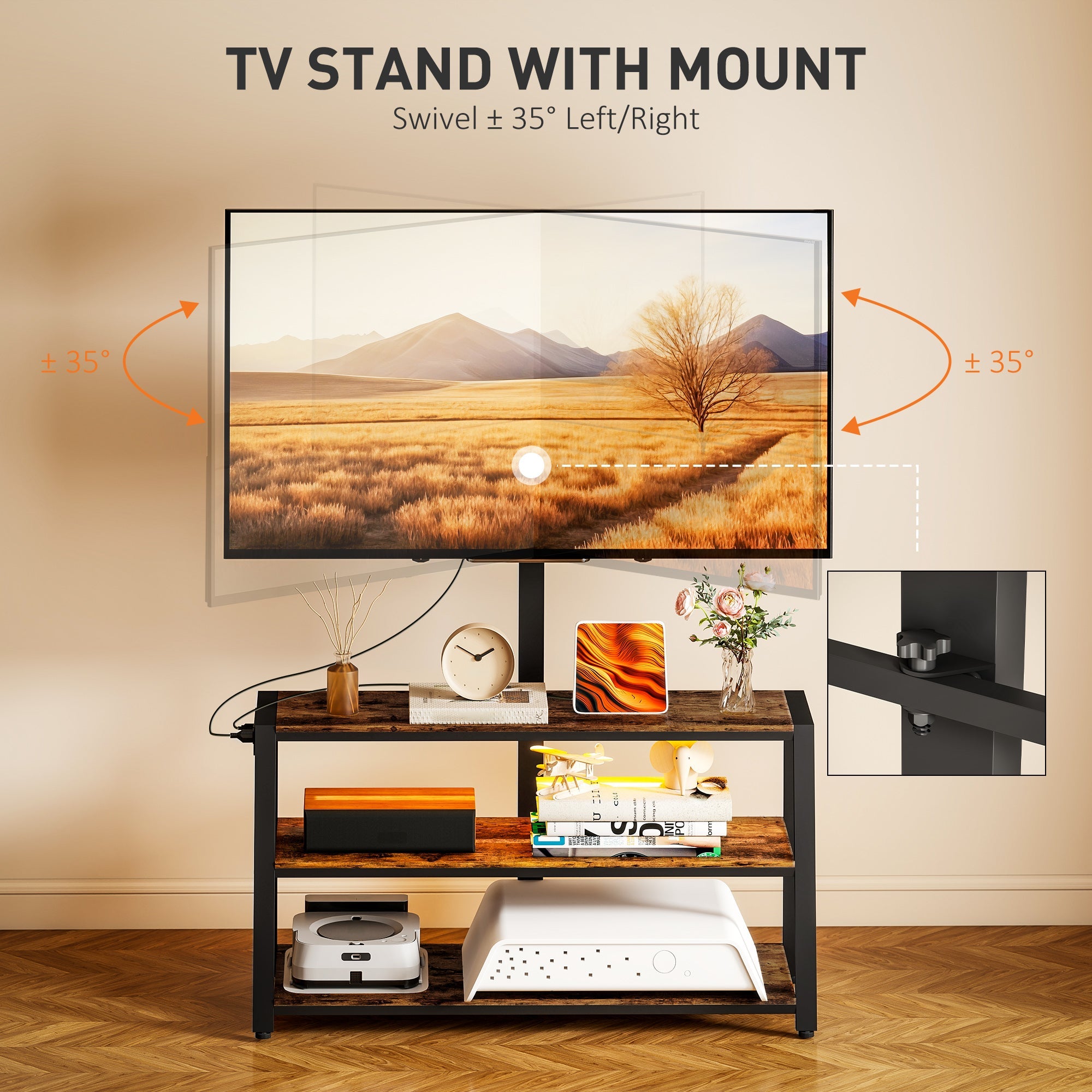 Bay TV Stand with Swivel Mount, Power Outlet and LED Lights for 32-70
