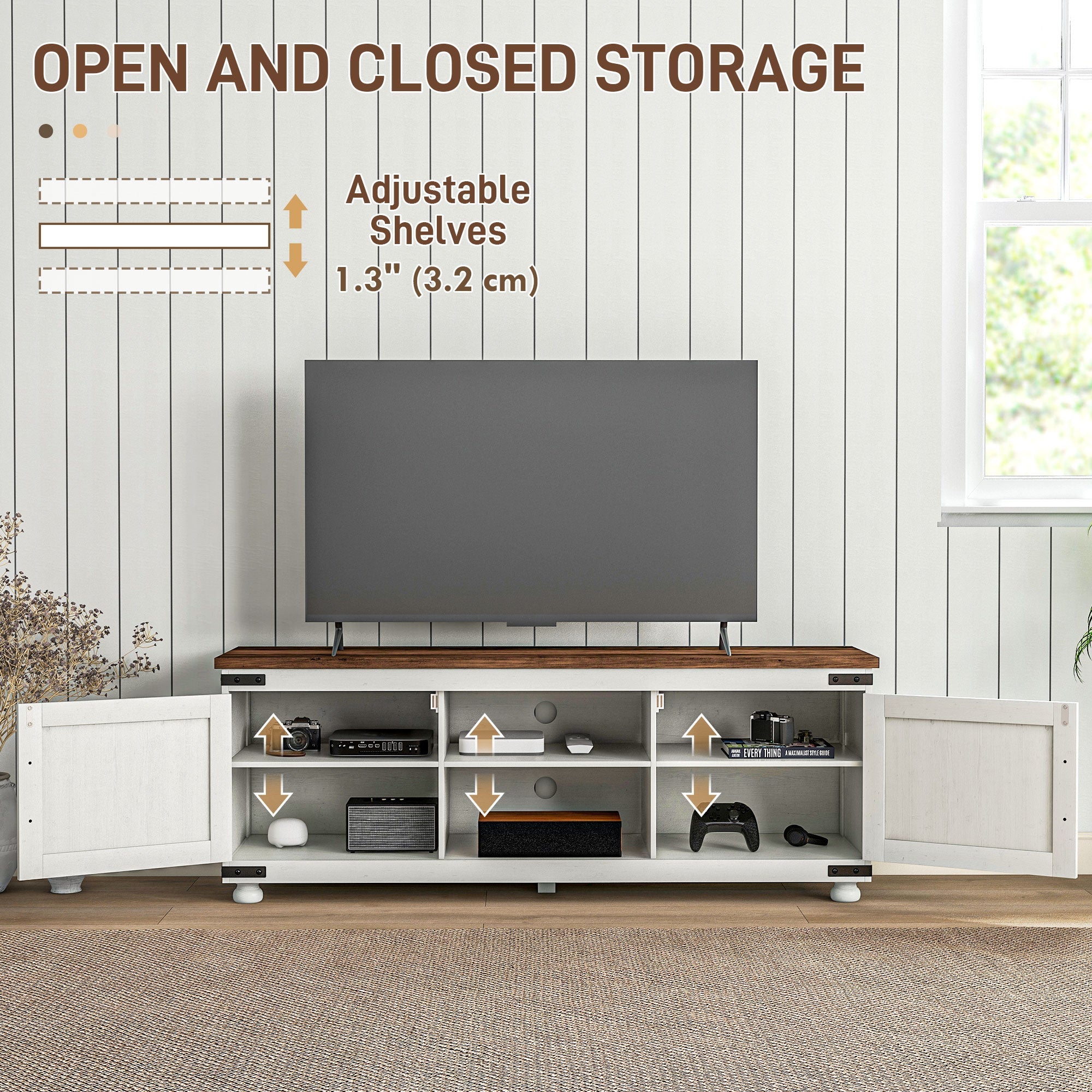 Kirby Farmhouse TV Stand with Small Minimalist Barn Doors for TVs up to 65