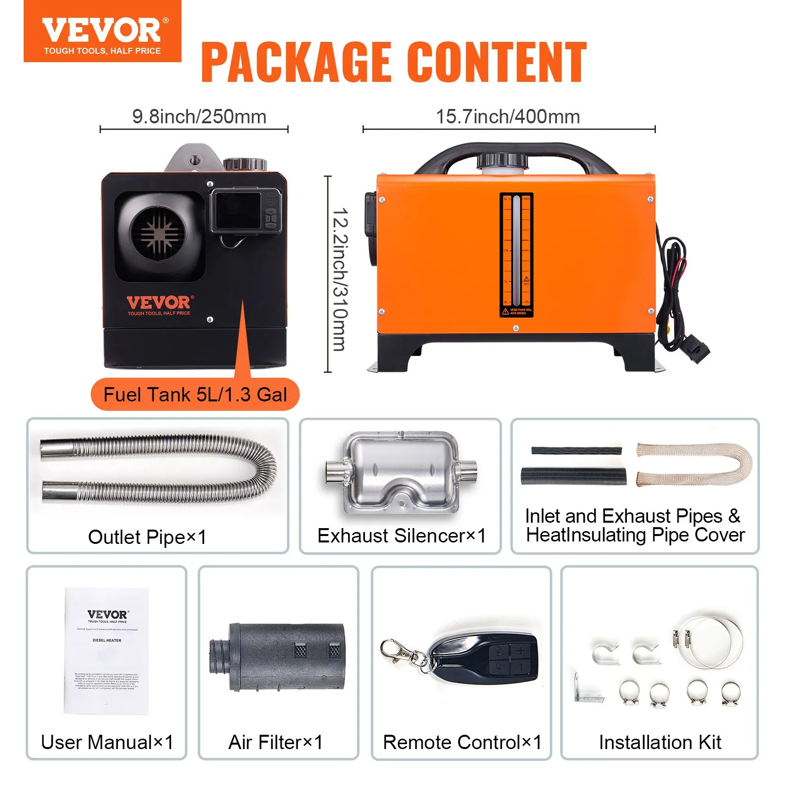 VEVOR 8KW Diesel Air Heater, Bluetooth App Control All-in-One Diesel Heater with Automatic Altitude Adjustment, Remote Control and LCD, Portable Parking Heater for RV, Trailer, Camper Van, Boat